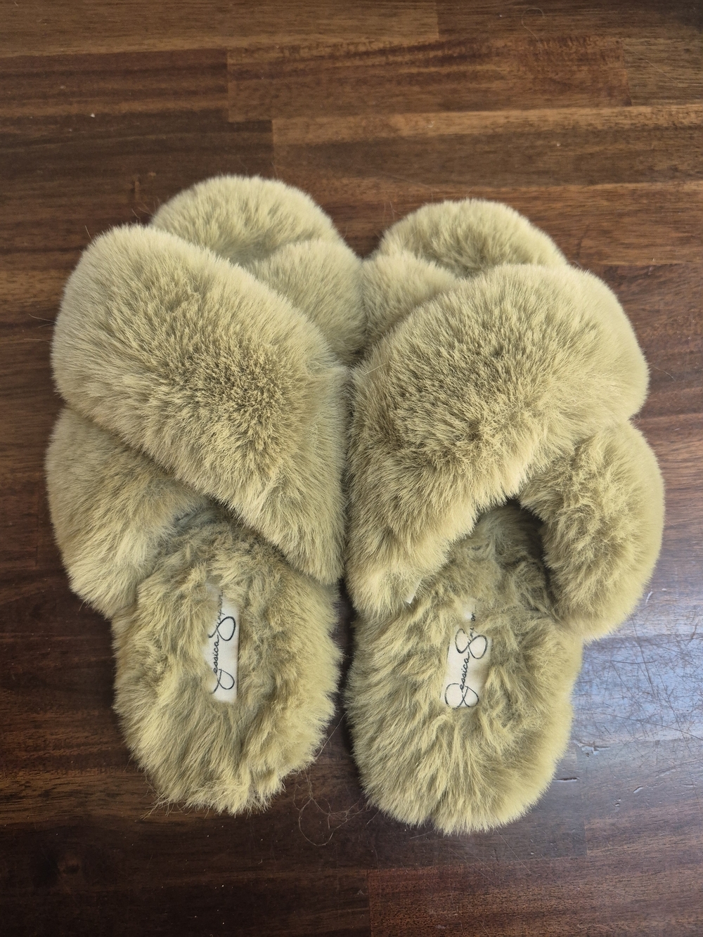 Jessica Simpson Plush Crisscross Slide Slippers - Olive Green Size 8/9